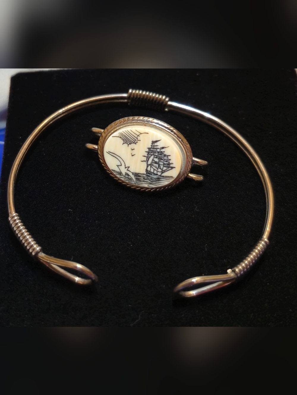 Estate Scrimshaw Vintage Ship Motif Oval Bangle Bracelet Bone Ivory Silvertone